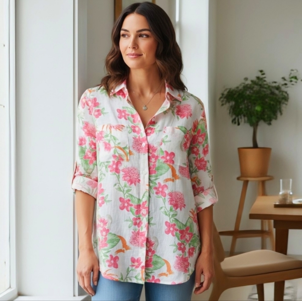 Charter Club Luxury Linen Floral Button-Up Women’s Top PP 2P